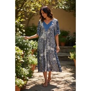 NWT World Unity Women M Midi Dress Blue Geometric Crochet Bohemian